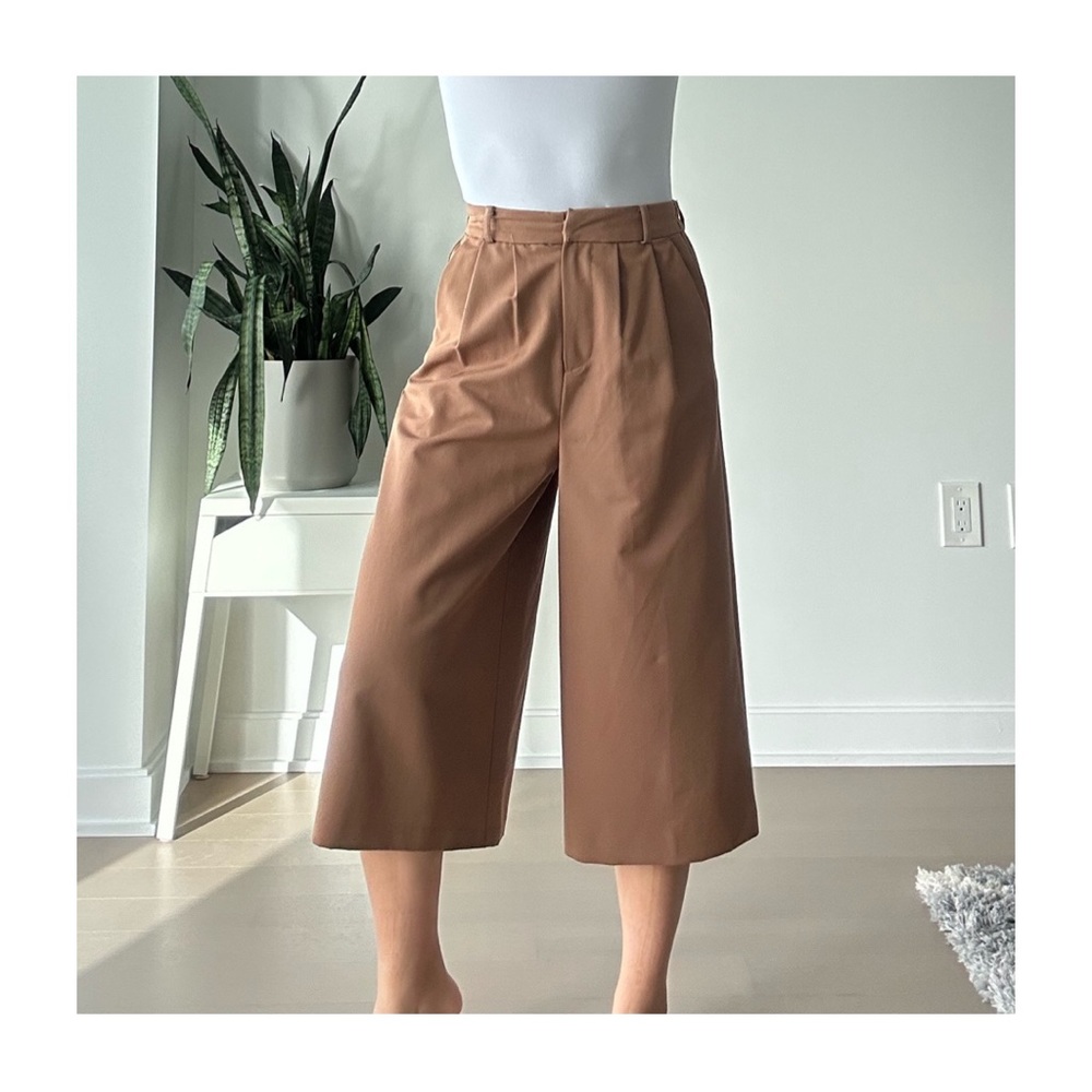 Tan colored high-waisted wide legged culottes from Japan boutique